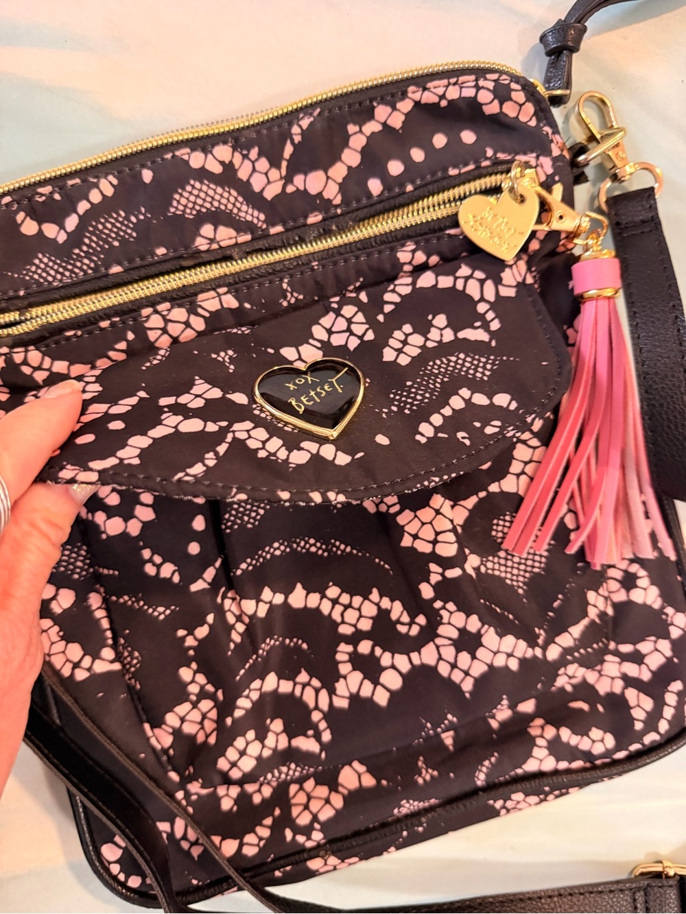 Betsey Johnson Crossbody Bag in Black and Pink Lace Print - Betsey Wallet - Picture 4 of 4